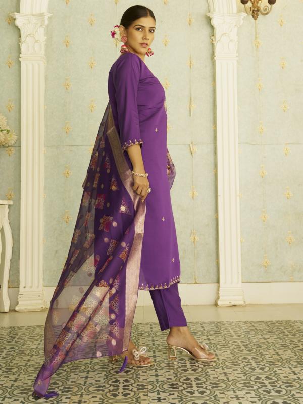 VP 9820 P Apeksha Elegant Silk Blend Kurta Set with Beaded Embroidered Design & Organza Dupatta